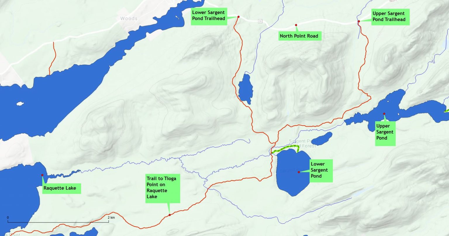 Map showing routes to Lower and upper Sargent Ponds